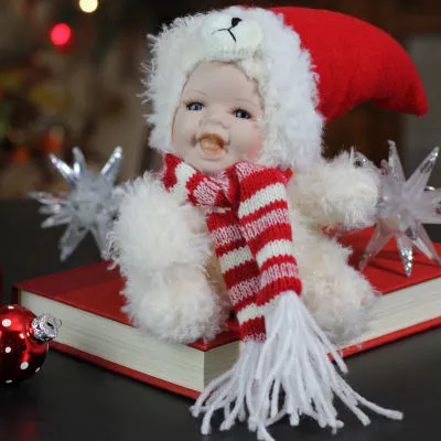 5.75'' White and Red Baby in Polar Bear Costume with Santa Hat Collectible Christmas Doll