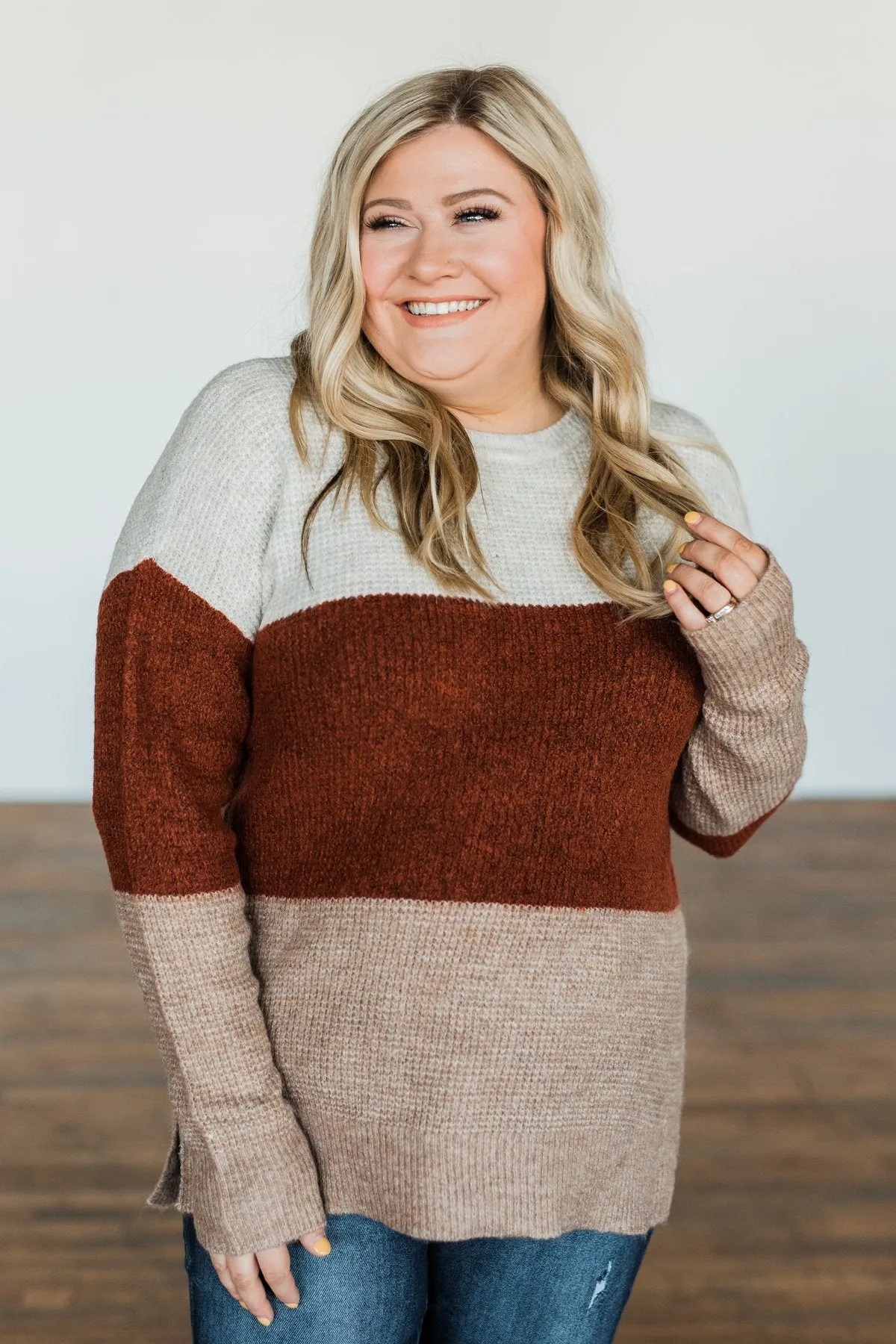 All Things Charming Colorblock Sweater- Oatmeal, Rust, Mocha