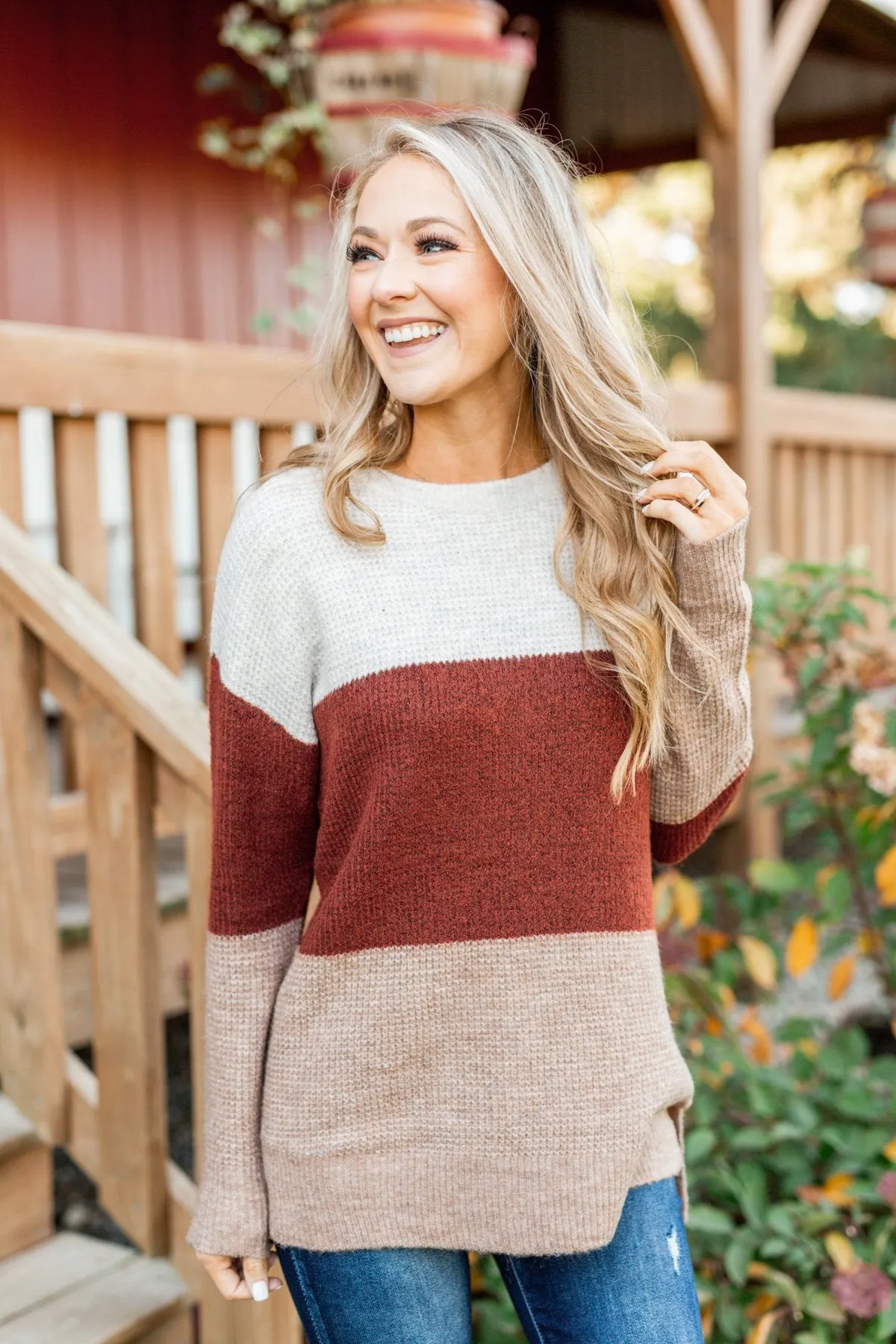 All Things Charming Colorblock Sweater- Oatmeal, Rust, Mocha