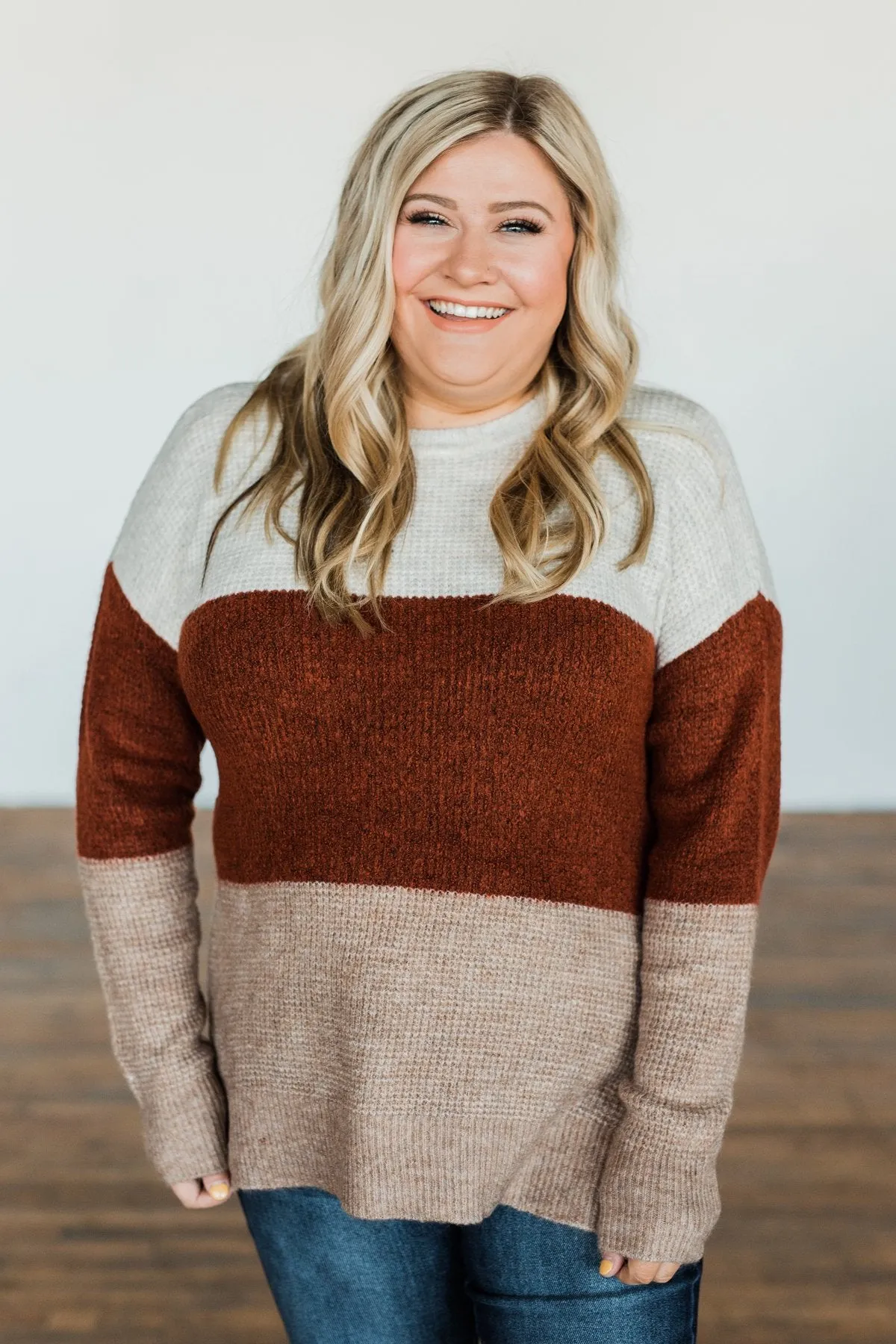 All Things Charming Colorblock Sweater- Oatmeal, Rust, Mocha