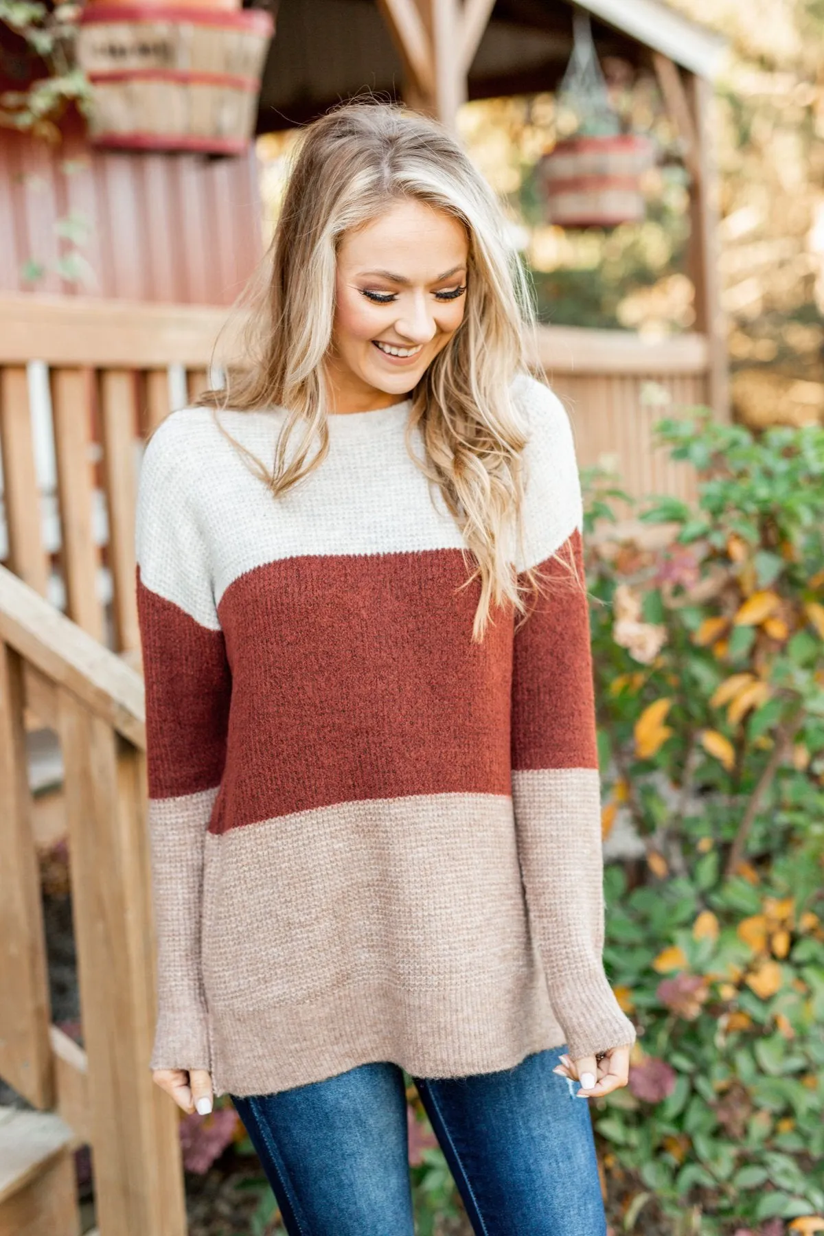 All Things Charming Colorblock Sweater- Oatmeal, Rust, Mocha