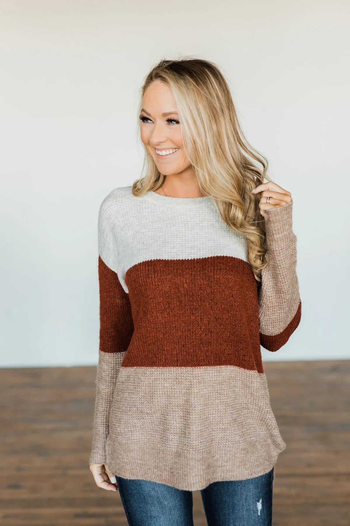 All Things Charming Colorblock Sweater- Oatmeal, Rust, Mocha