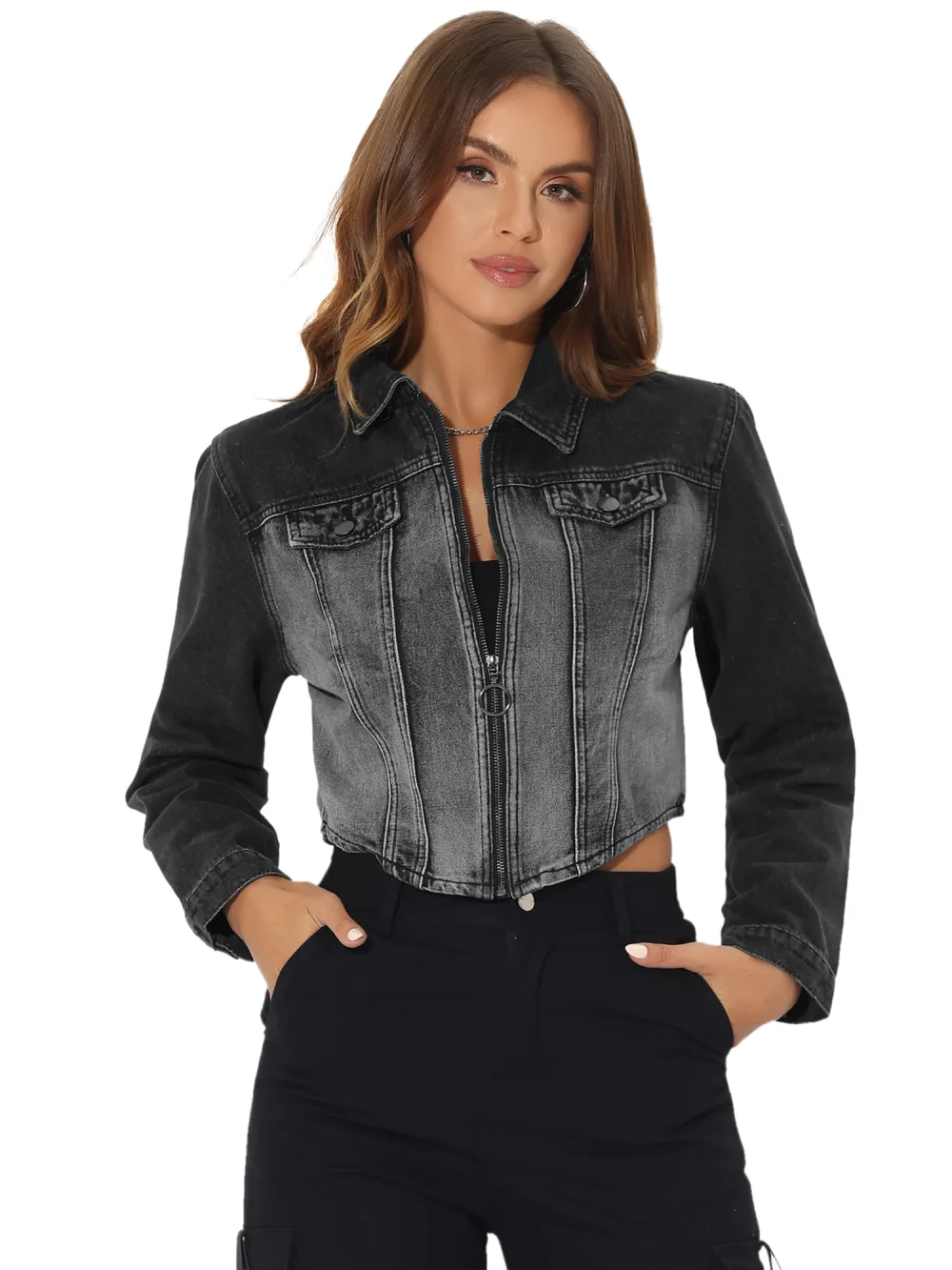 Allegra K- Washed Cropped Denim Jean Jackets