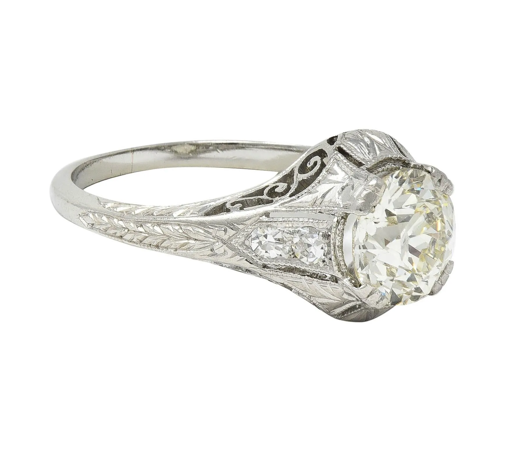 Art Deco 1.30 CTW Old European Cut Diamond Platinum Scrolled Antique Engagement Ring