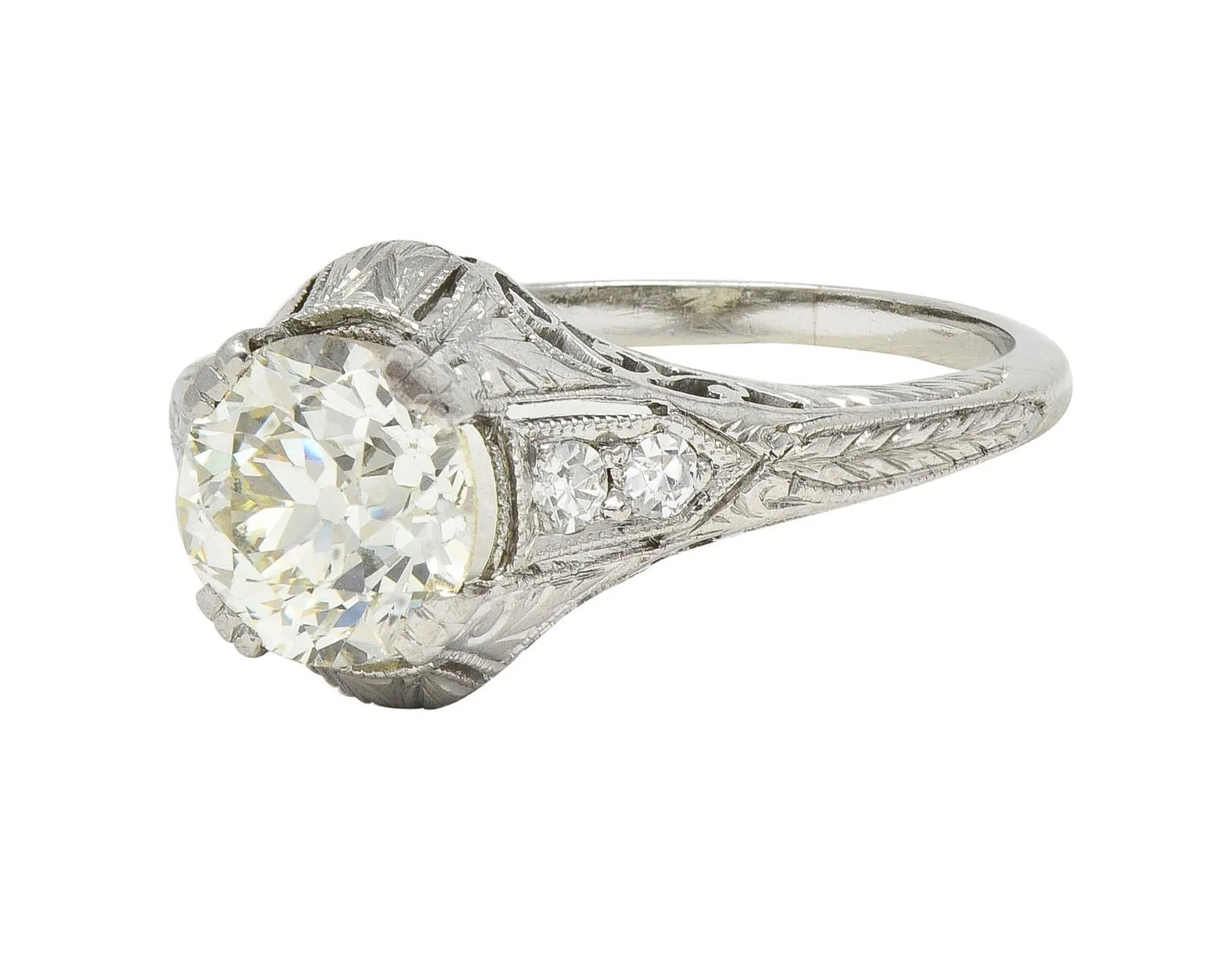 Art Deco 1.30 CTW Old European Cut Diamond Platinum Scrolled Antique Engagement Ring