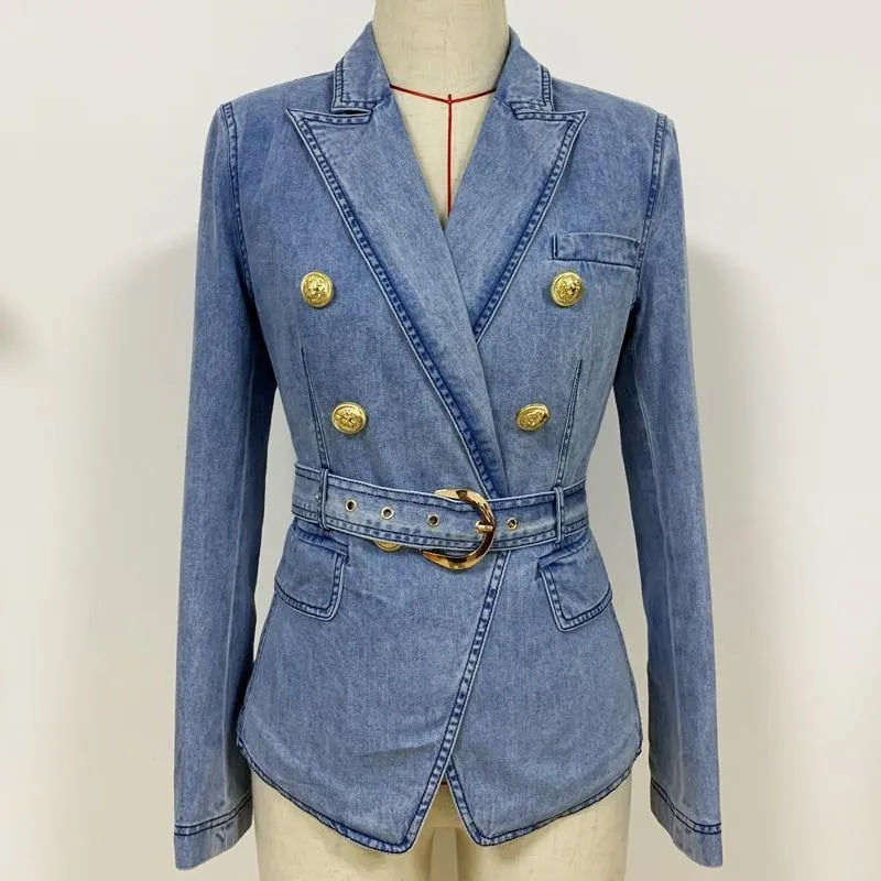 Belted Denim Blazer Women - Casual - Plain-Solid