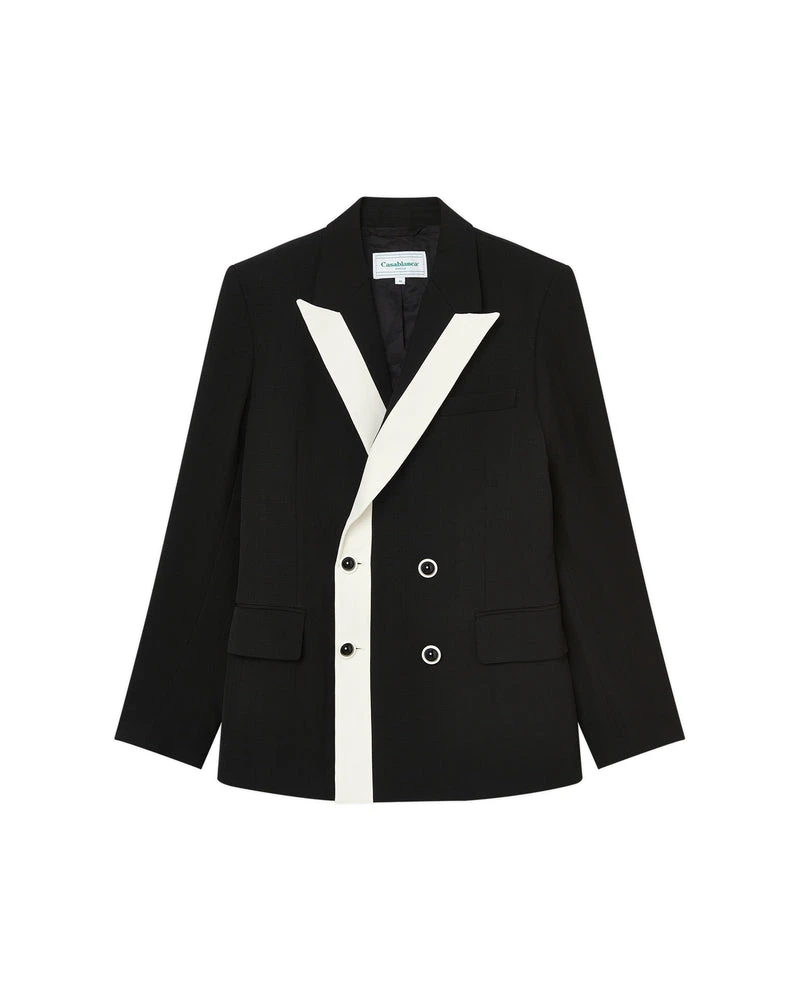 --Black Contrast Lapel Double Breasted Blazer-