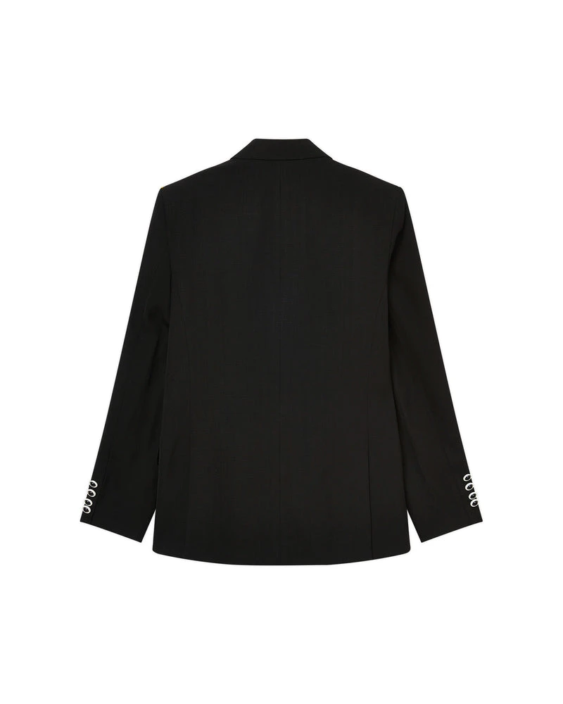 --Black Contrast Lapel Double Breasted Blazer-