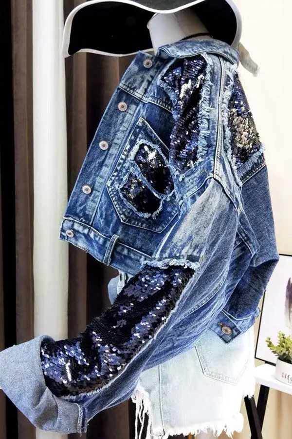 Blowing My Blinging Mind Sequin Denim Jacket