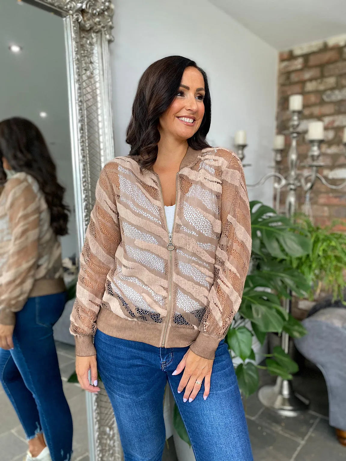 Caramel Textured Zebra Bomber Jacket Delta