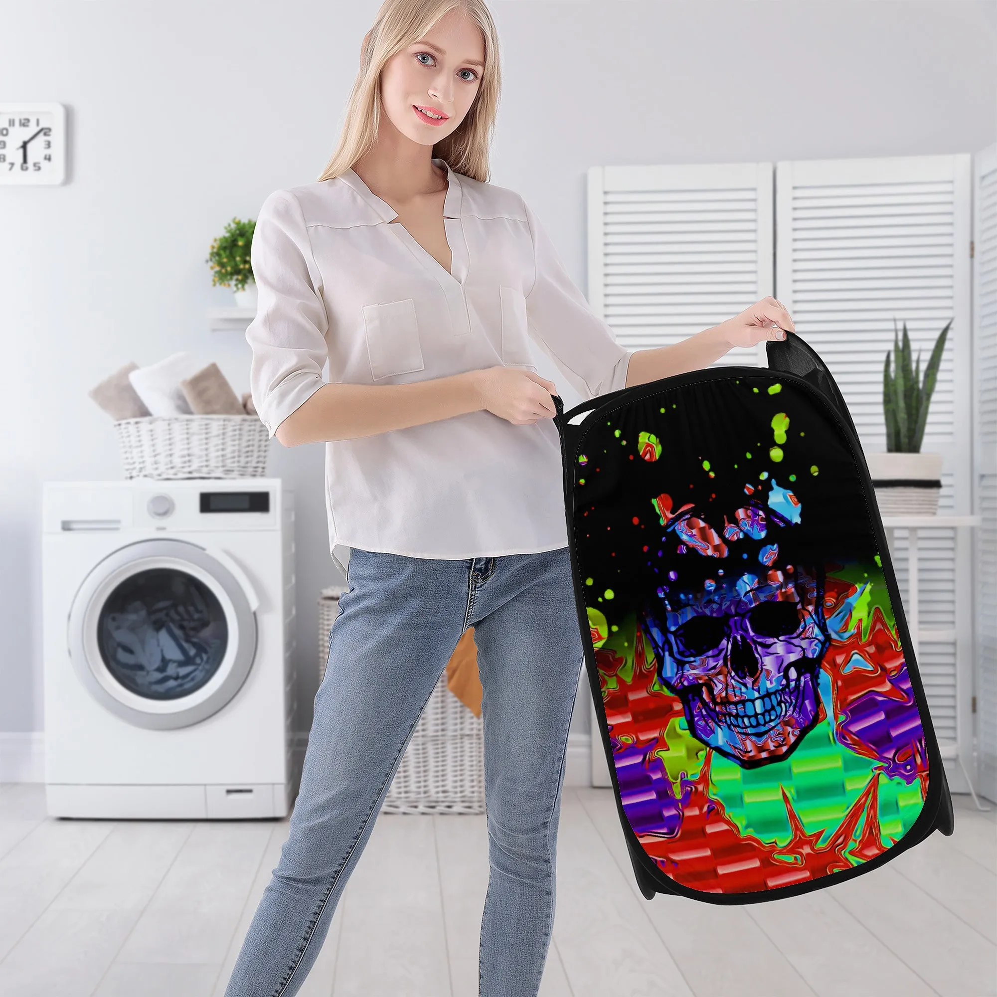 Chromatic Skull Splatter Foldable Laundry Hamper