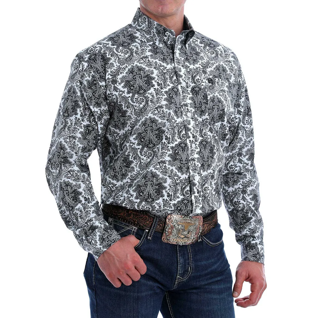 Cinch Men's Black & White Damask Print Long Sleeve