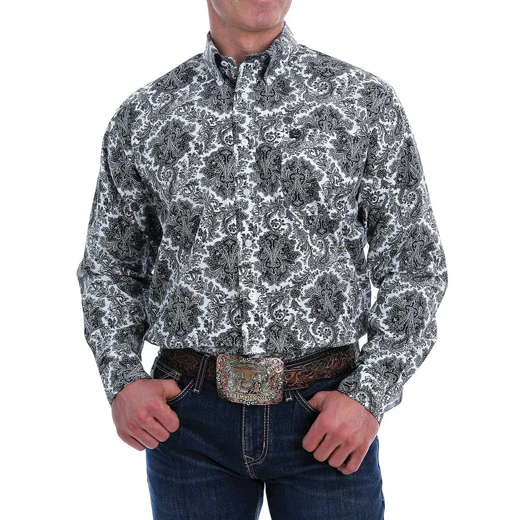 Cinch Men's Black & White Damask Print Long Sleeve