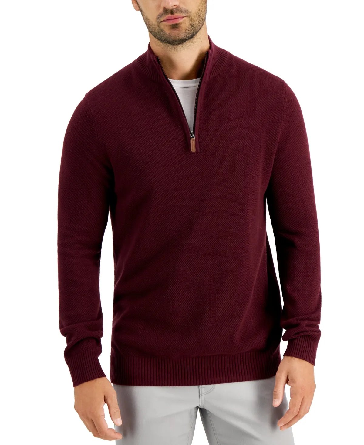 Club Room Men's Quarter Zip Textured Cotton Sweater Red Size Medium