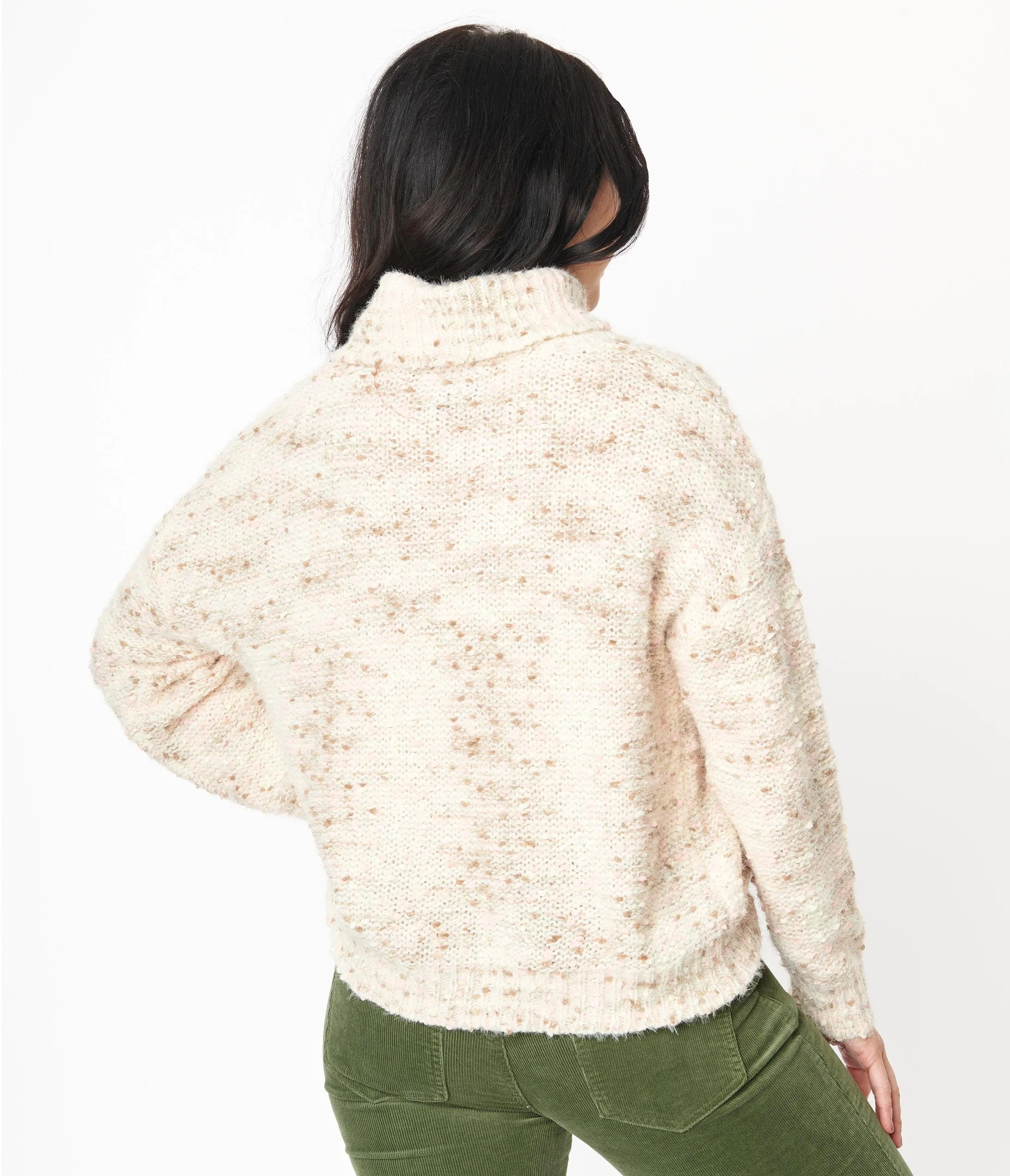 Cream & Pink Tweed Turtleneck Sweater