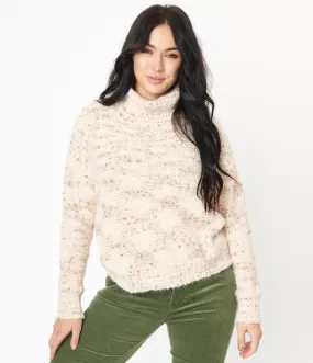 Cream & Pink Tweed Turtleneck Sweater