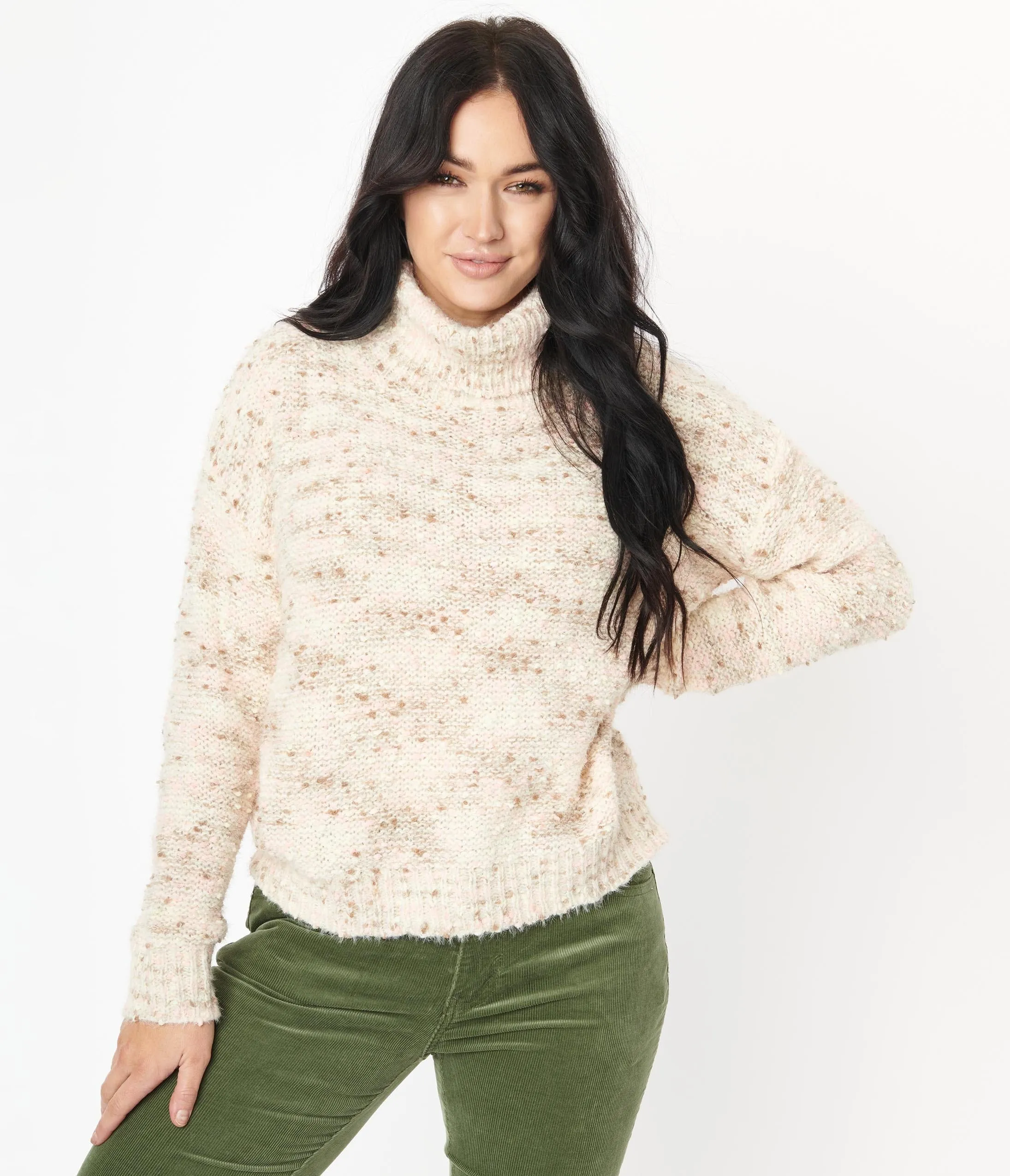 Cream & Pink Tweed Turtleneck Sweater