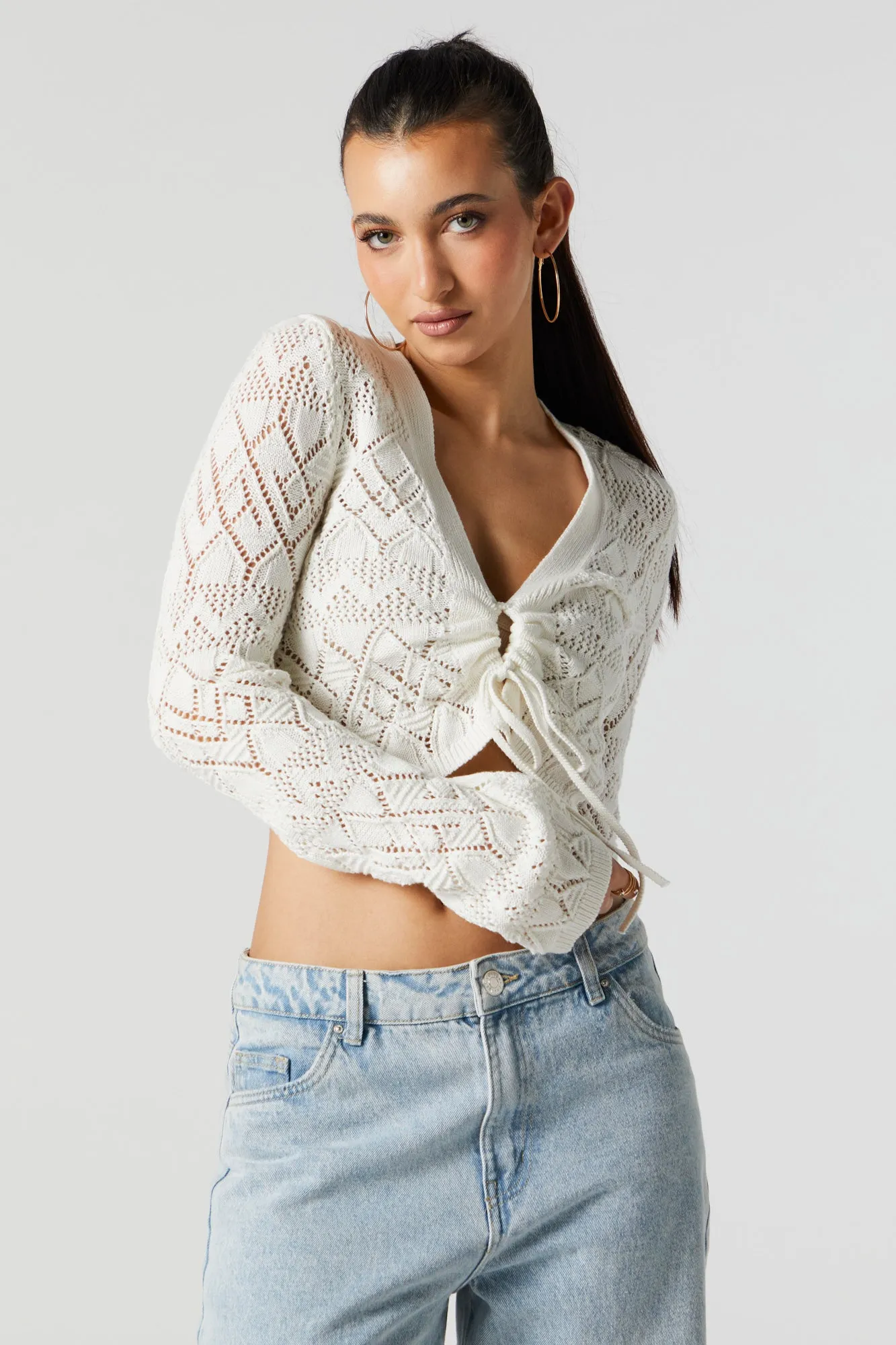 Crochet Knit Front Tie Sweater