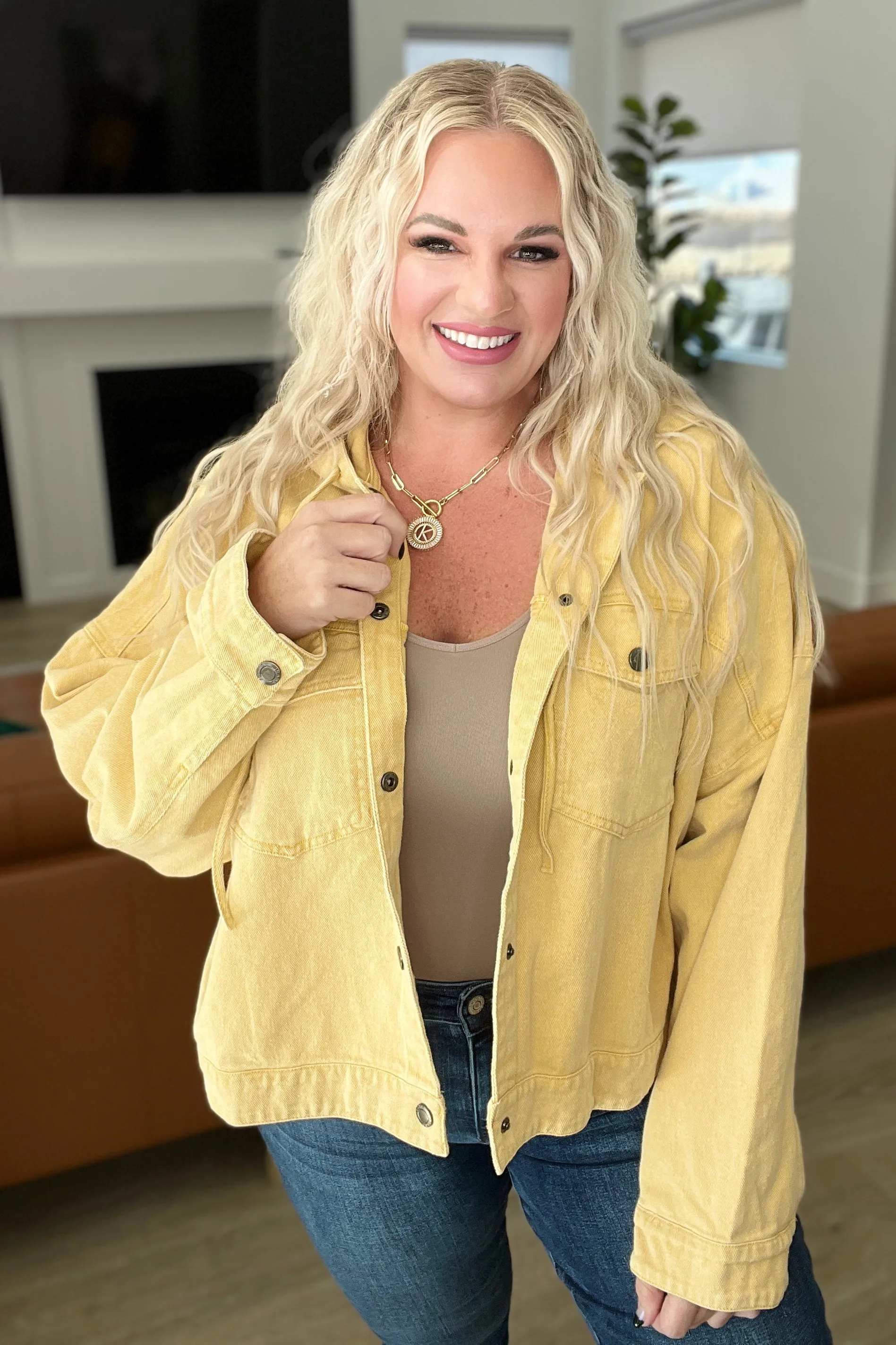 Cropped Hooded Denim Jacket in Mustard