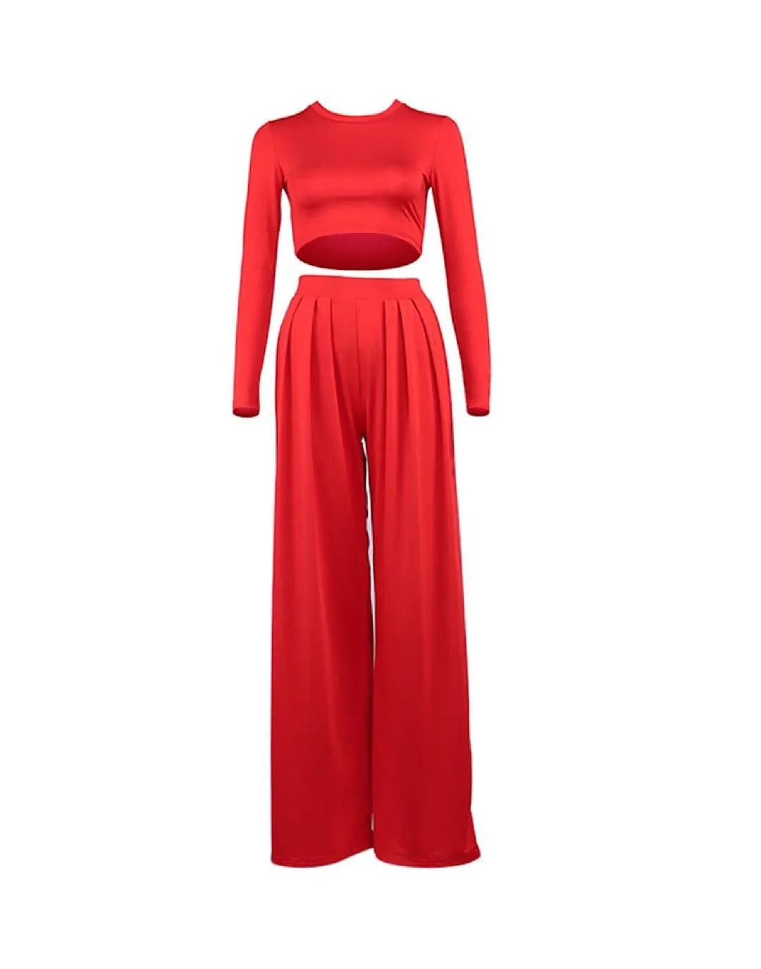 Cropped Top And Long Pleated Pants Two Piece Set