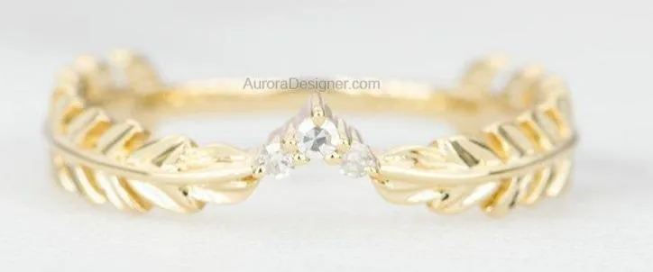 Curved Leaf Diamond Ring Unique Wedding Band 14K 18K Gold Nesting Rings Enhancer Stacker AD1546