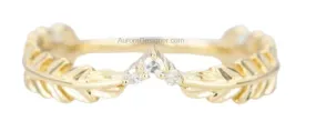 Curved Leaf Diamond Ring Unique Wedding Band 14K 18K Gold Nesting Rings Enhancer Stacker AD1546