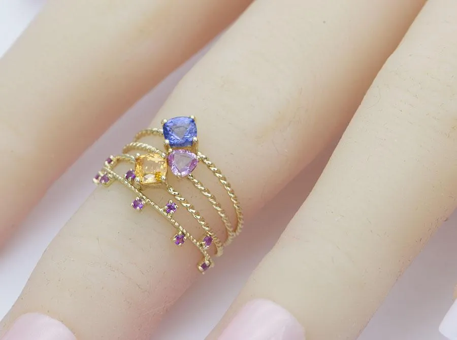 Dainty Tanzanite and Sapphire Ring on Twist Band 18K Gold AD1322