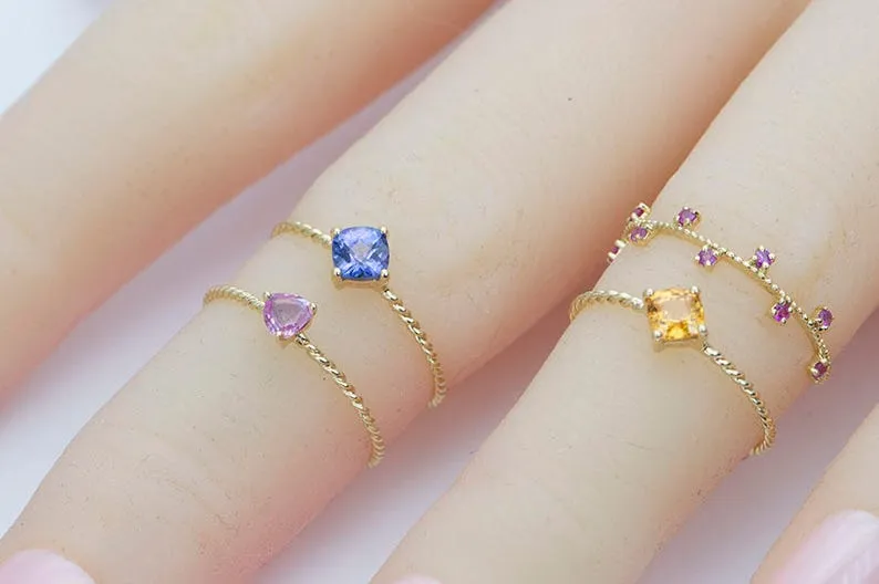 Dainty Tanzanite and Sapphire Ring on Twist Band 18K Gold AD1322