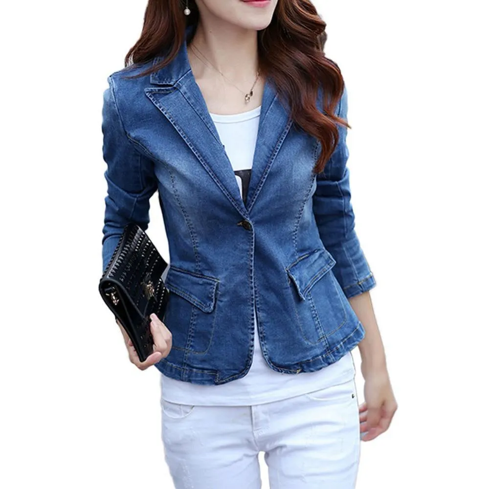 Denim Jean Blazer Women - Casual - Plain-Solid