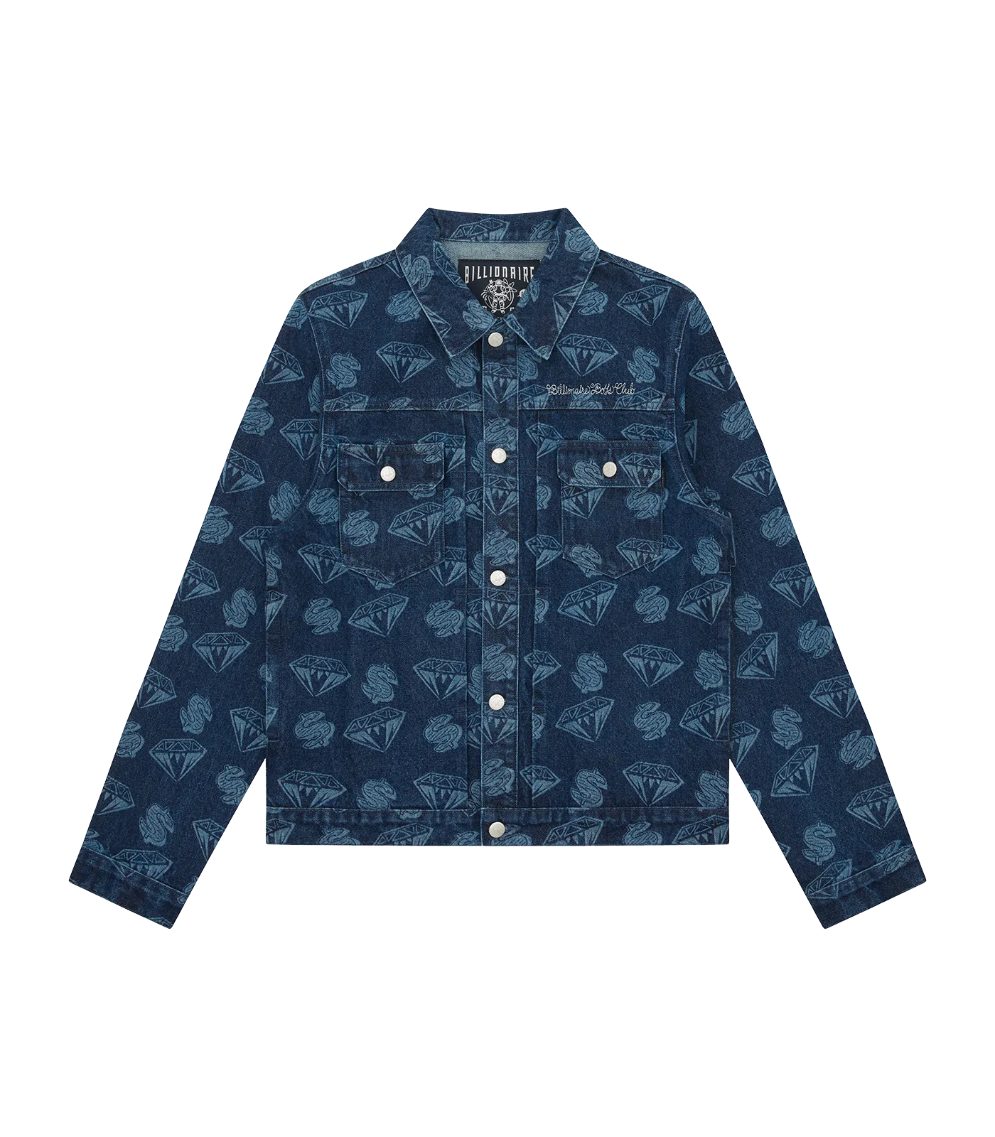 DIAMONDS & DOLLARS PRINTED DENIM JACKET - INDIGO