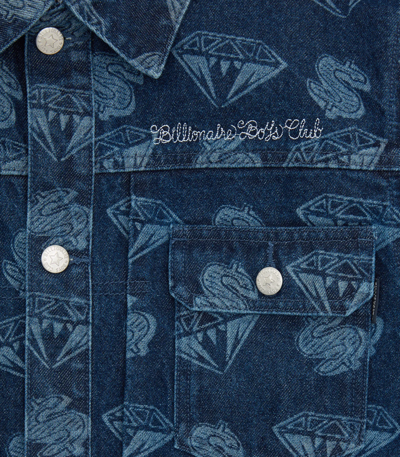 DIAMONDS & DOLLARS PRINTED DENIM JACKET - INDIGO