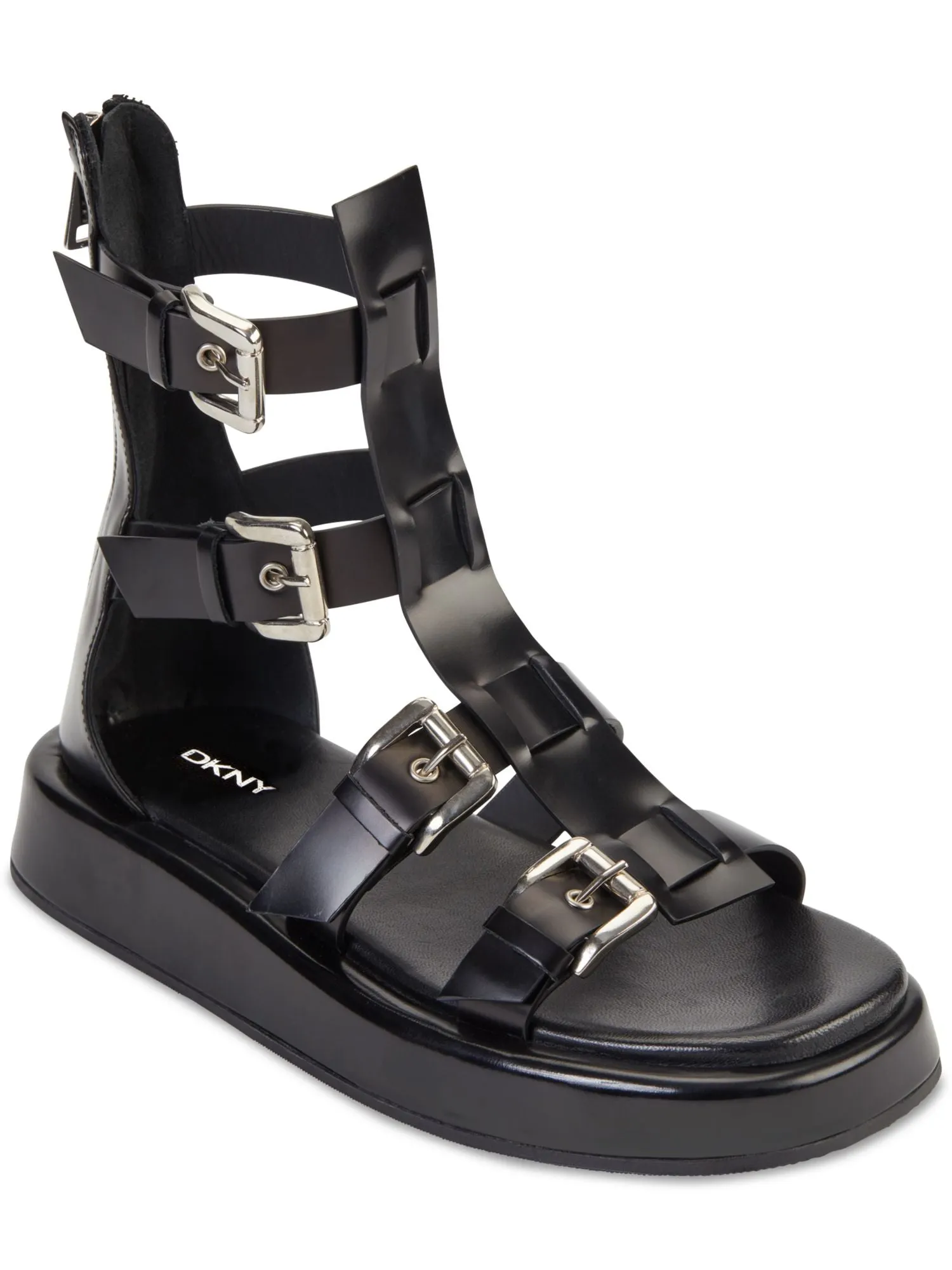 DKNY Womens Black Buckle Accent Cushioned Clover Round Toe Platform Zip-Up Leather Gladiator Sandals Shoes