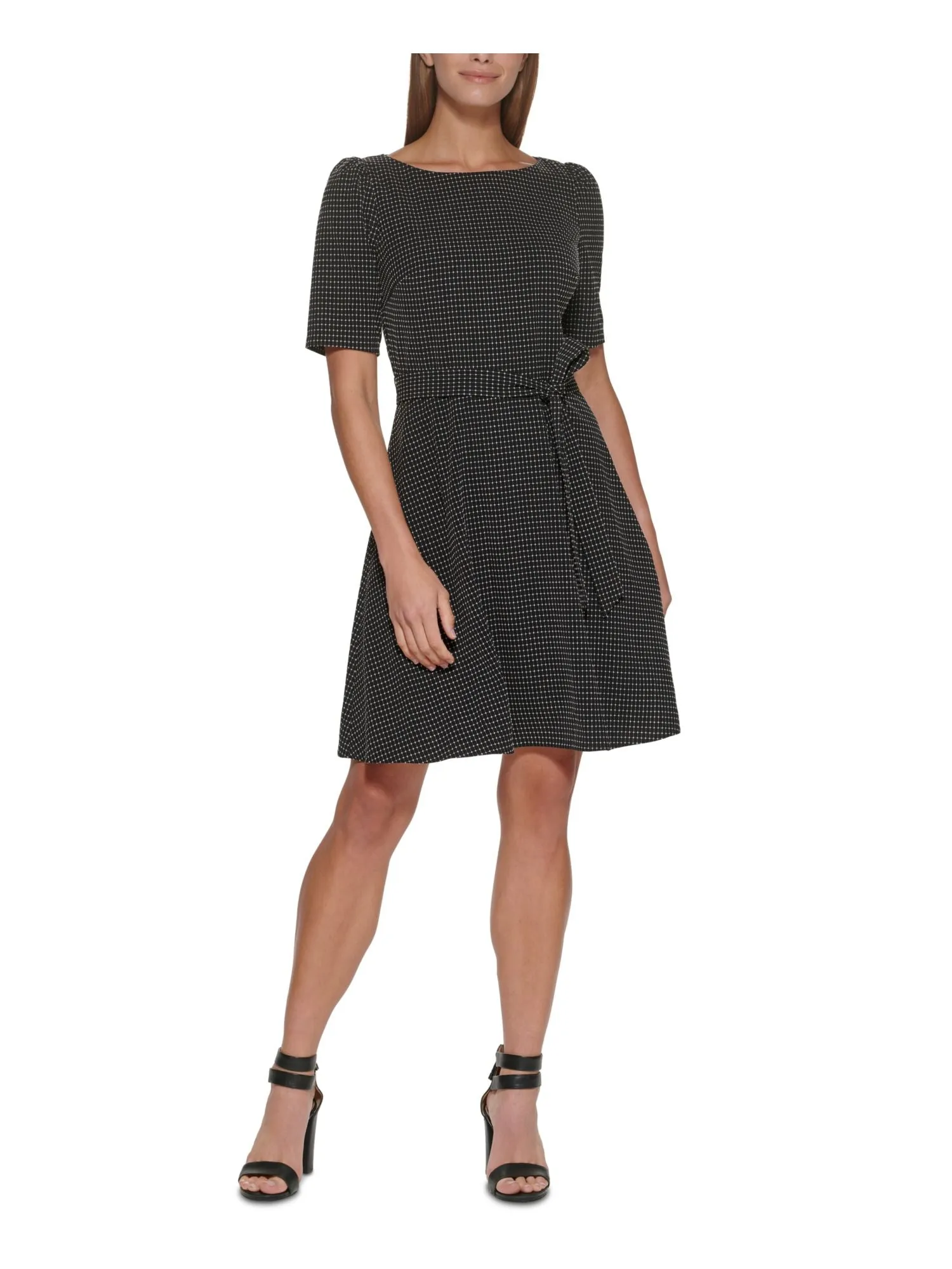 DKNY Womens Black Zippered Self Tie Belt Unlined Short Sleeve Round Neck Knee Length Party Fit + Flare Dress