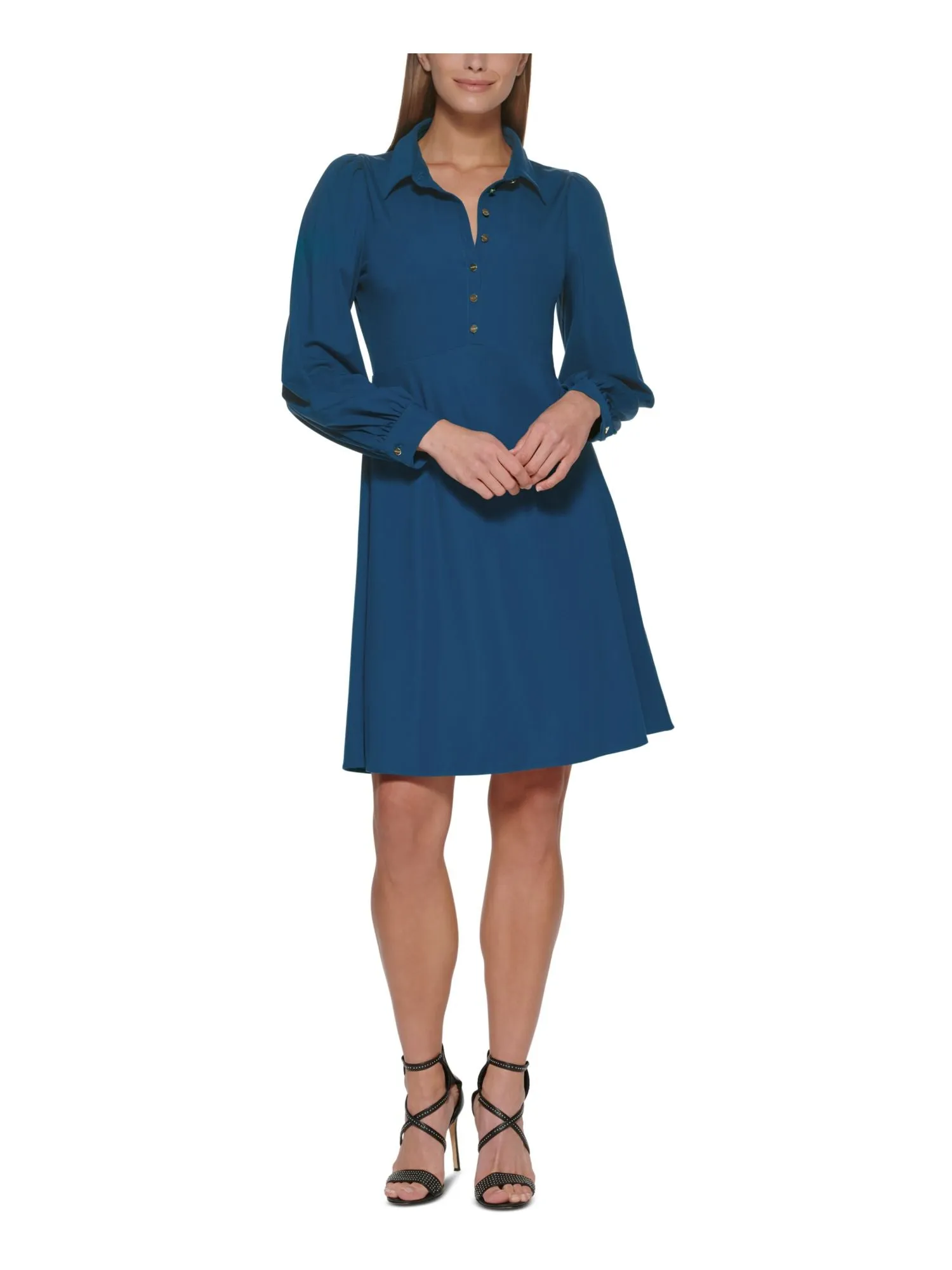 DKNY Womens Blue Stretch Darted Button Front 3/4 Sleeve Point Collar Above The Knee Wear To Work Fit + Flare Dress