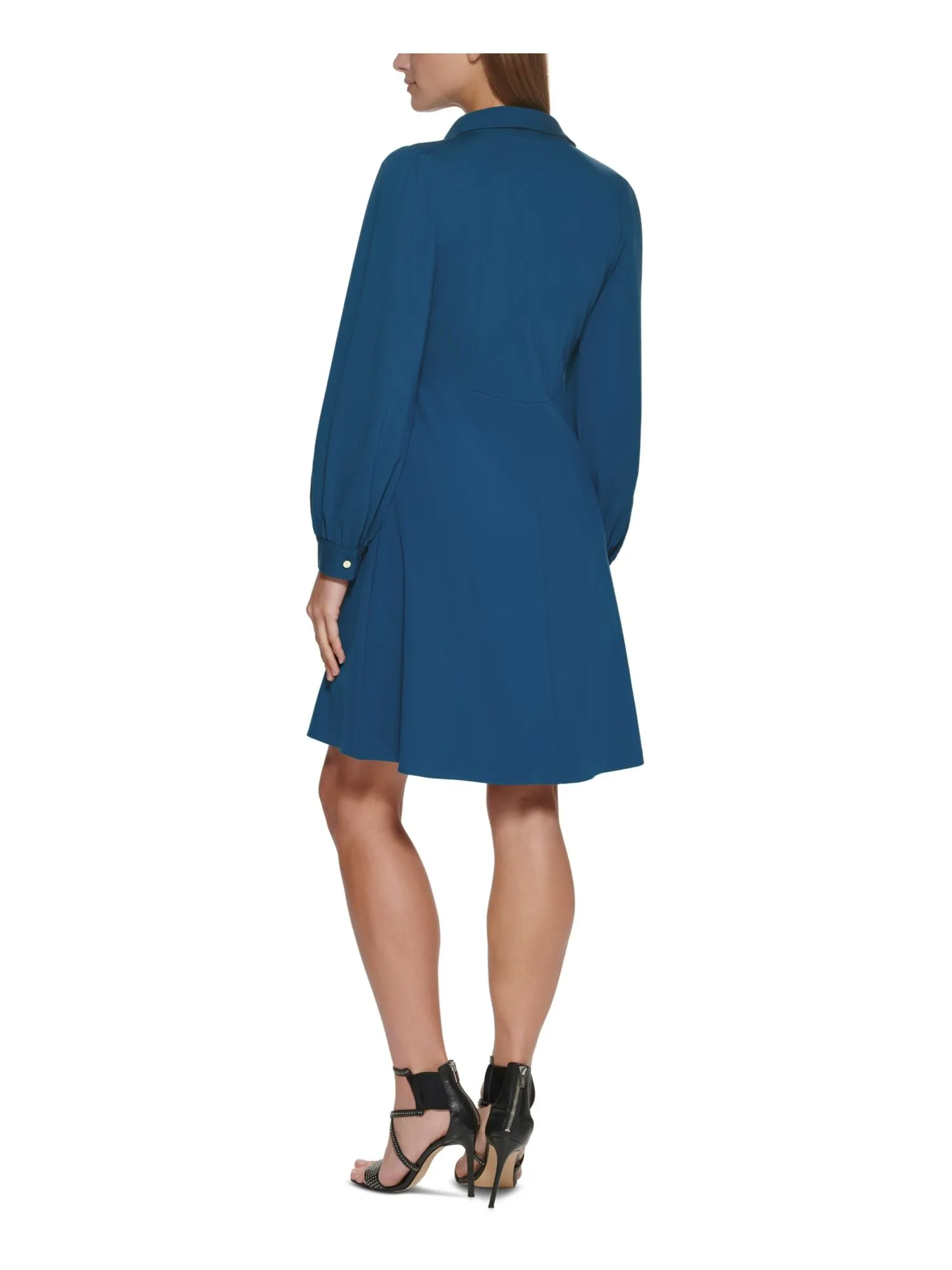 DKNY Womens Blue Stretch Darted Button Front 3/4 Sleeve Point Collar Above The Knee Wear To Work Fit + Flare Dress