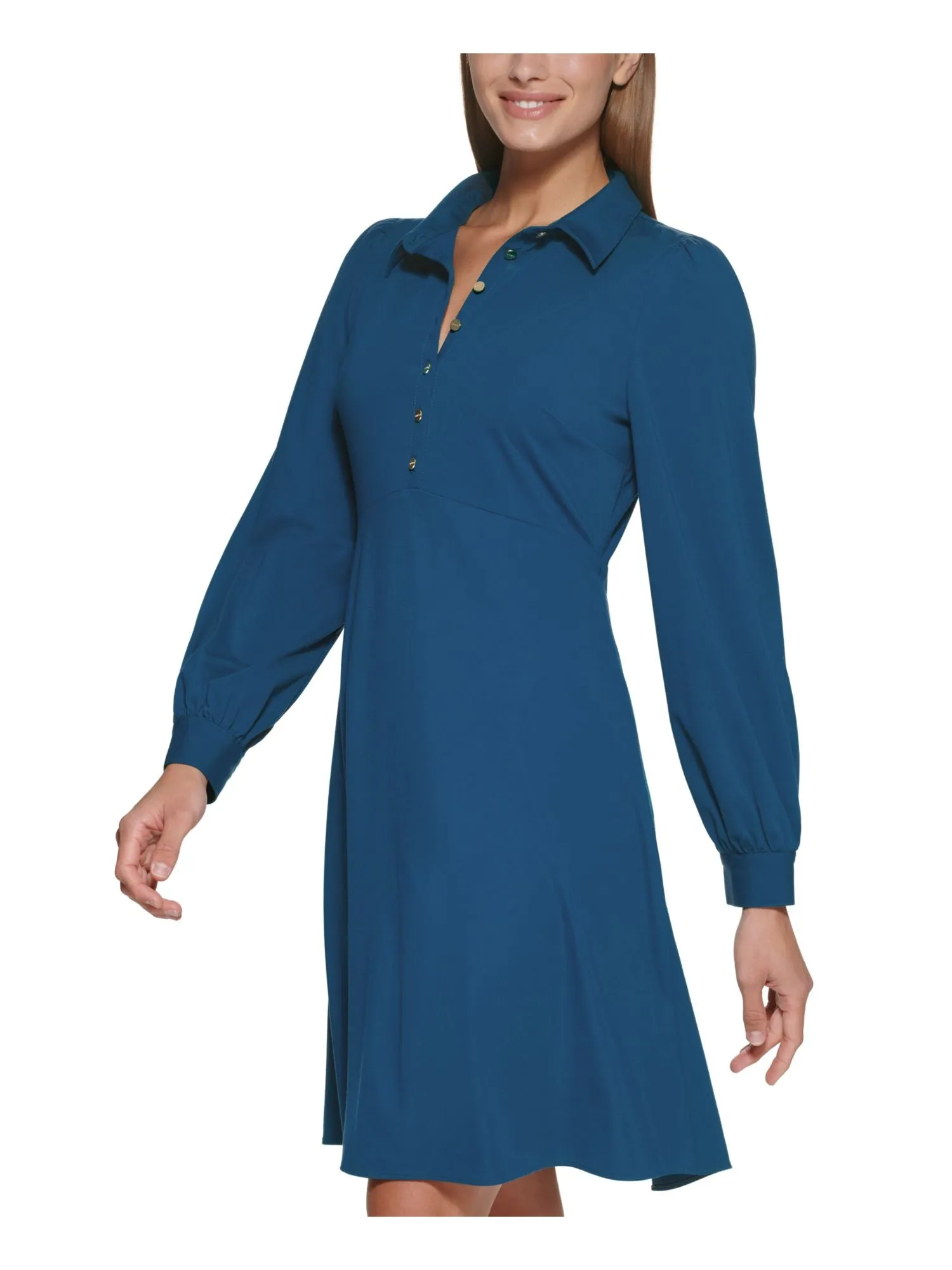 DKNY Womens Blue Stretch Darted Button Front 3/4 Sleeve Point Collar Above The Knee Wear To Work Fit + Flare Dress