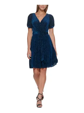 DKNY Womens Blue Stretch Zippered Belted Polka Dot Pouf Sleeve Surplice Neckline Above The Knee Evening Wrap Dress