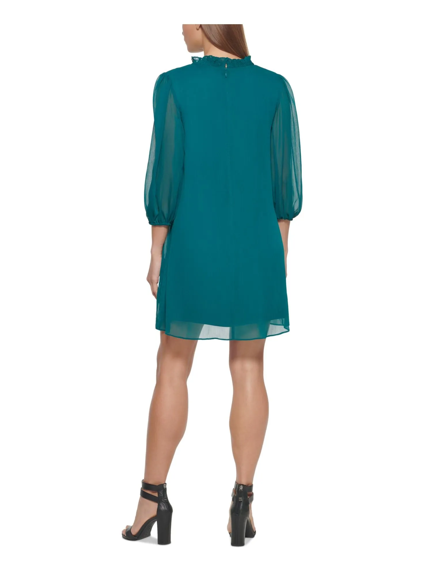 DKNY Womens Green Ruffled Textured Sheer Lined 3/4 Sleeve V Neck Short Trapeze Dress