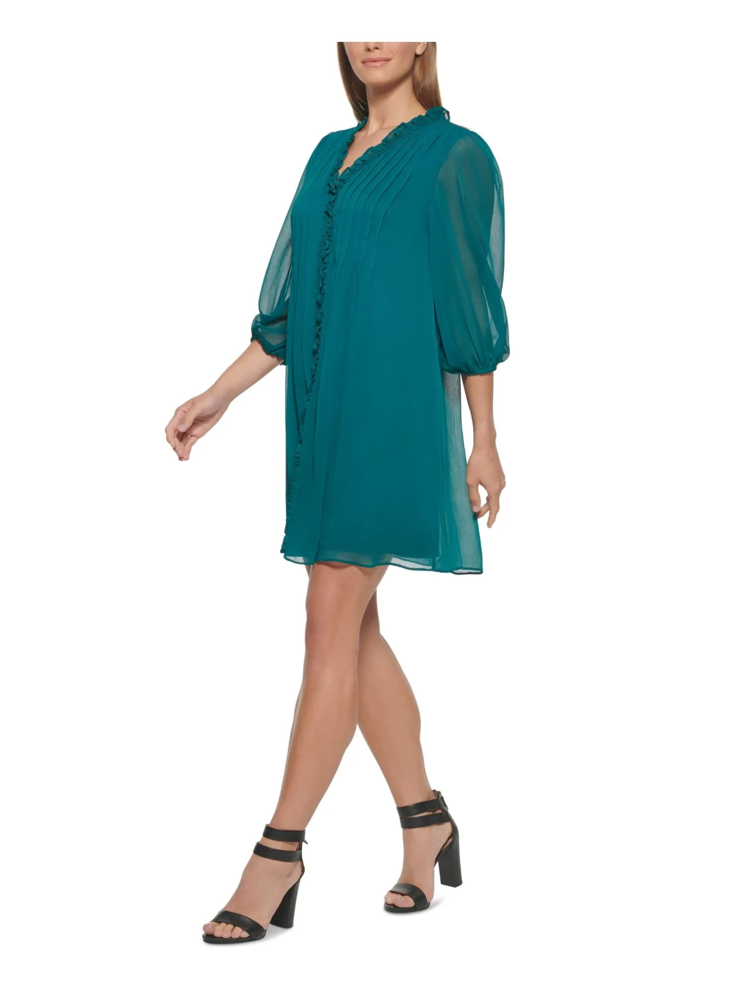 DKNY Womens Green Ruffled Textured Sheer Lined 3/4 Sleeve V Neck Short Trapeze Dress