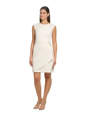 DKNY Womens Ivory Zippered Pleated Lined O-ring Detail Sleeveless Round Neck Above The Knee Wear To Work Faux Wrap Dress