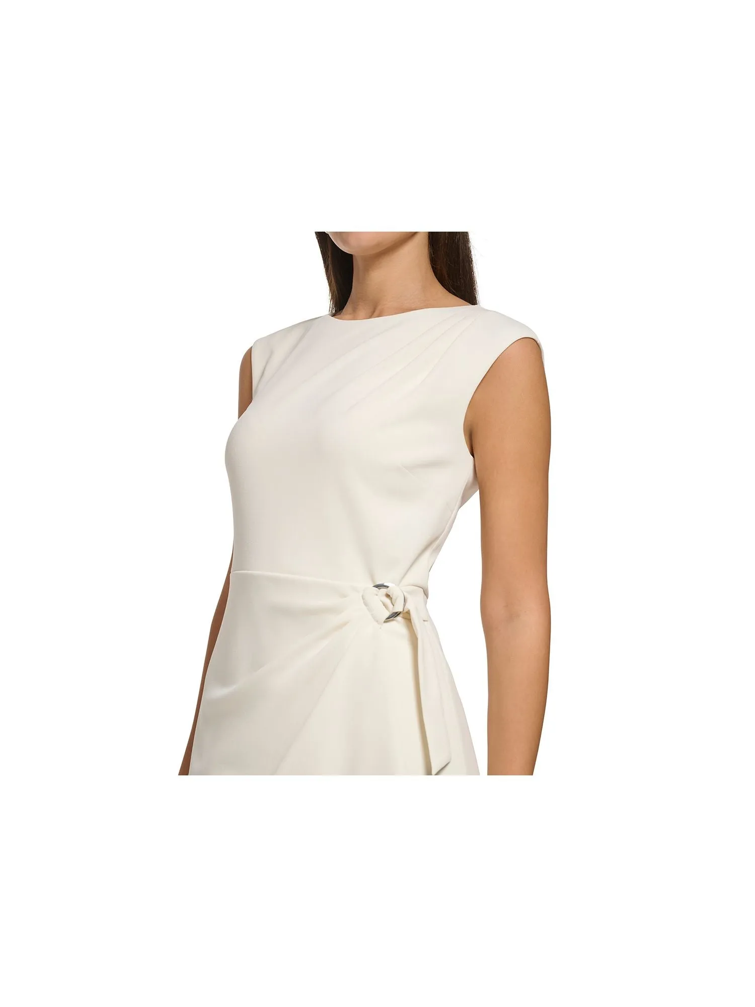 DKNY Womens Ivory Zippered Pleated Lined O-ring Detail Sleeveless Round Neck Above The Knee Wear To Work Faux Wrap Dress