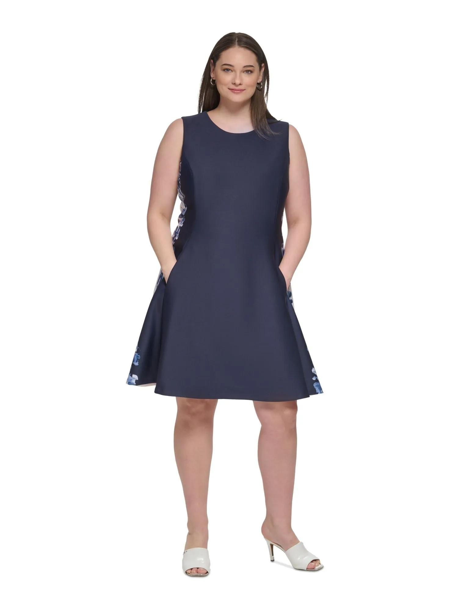 DKNY Womens Navy Zippered Pocketed Sleeveless Scoop Neck Above The Knee Party Fit + Flare Dress