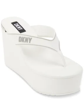 DKNY Womens White 2 Platform Comfort Logo Trina Round Toe Wedge Slip On Thong Sandals Shoes M