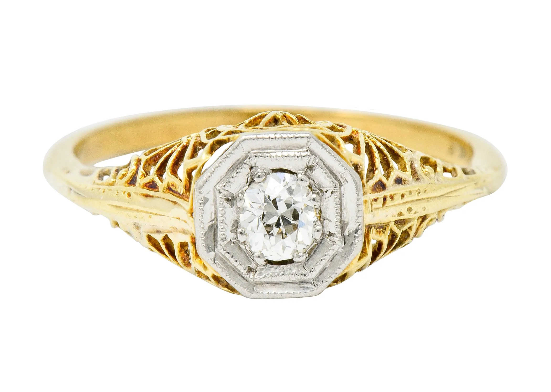 Edwardian Diamond Platinum-Topped 14 Karat Gold Floral Hexagonal Engagement Ring