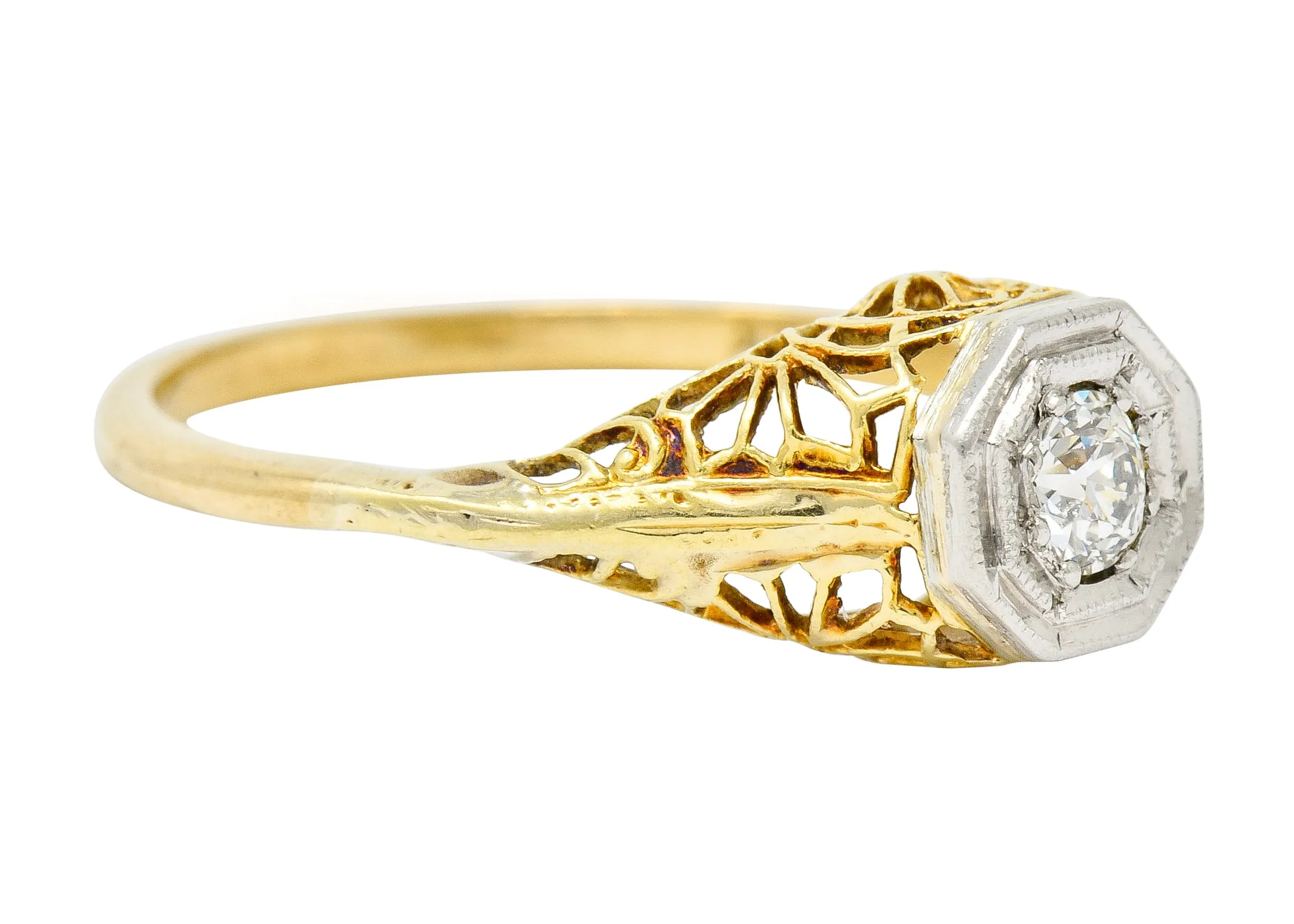 Edwardian Diamond Platinum-Topped 14 Karat Gold Floral Hexagonal Engagement Ring