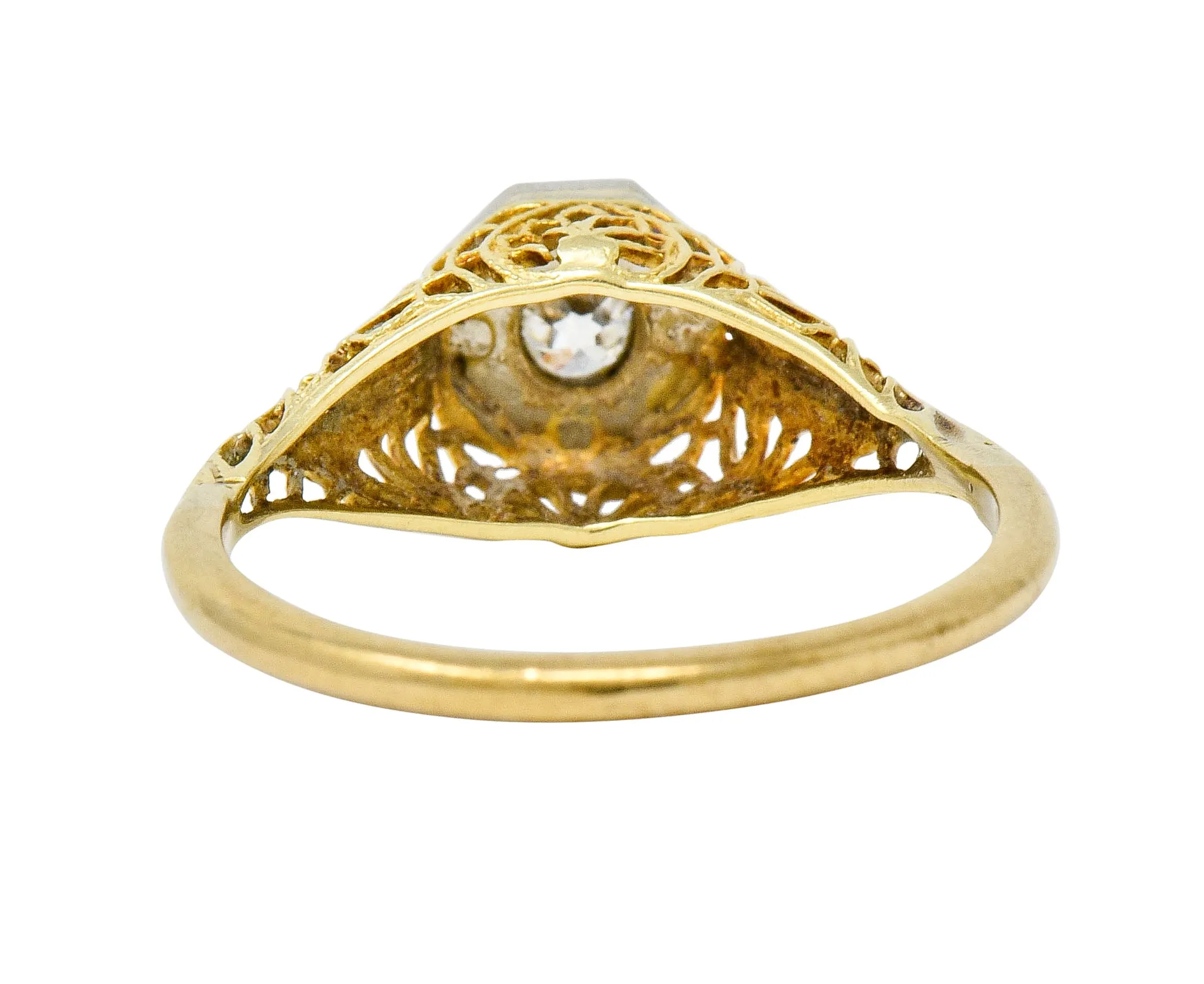 Edwardian Diamond Platinum-Topped 14 Karat Gold Floral Hexagonal Engagement Ring