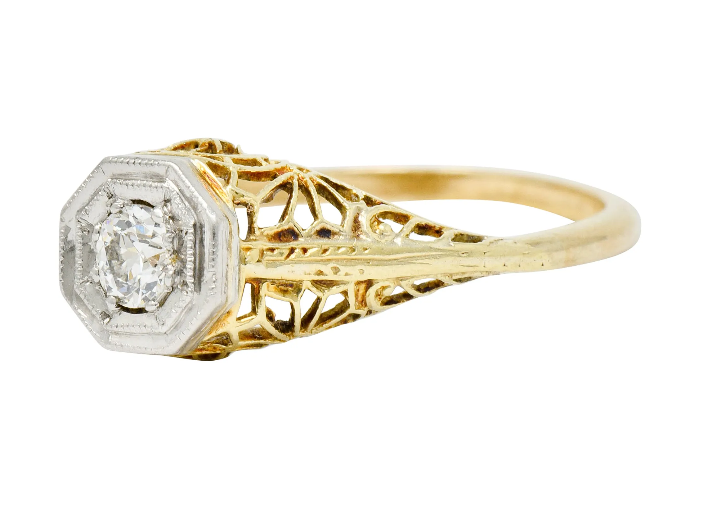 Edwardian Diamond Platinum-Topped 14 Karat Gold Floral Hexagonal Engagement Ring