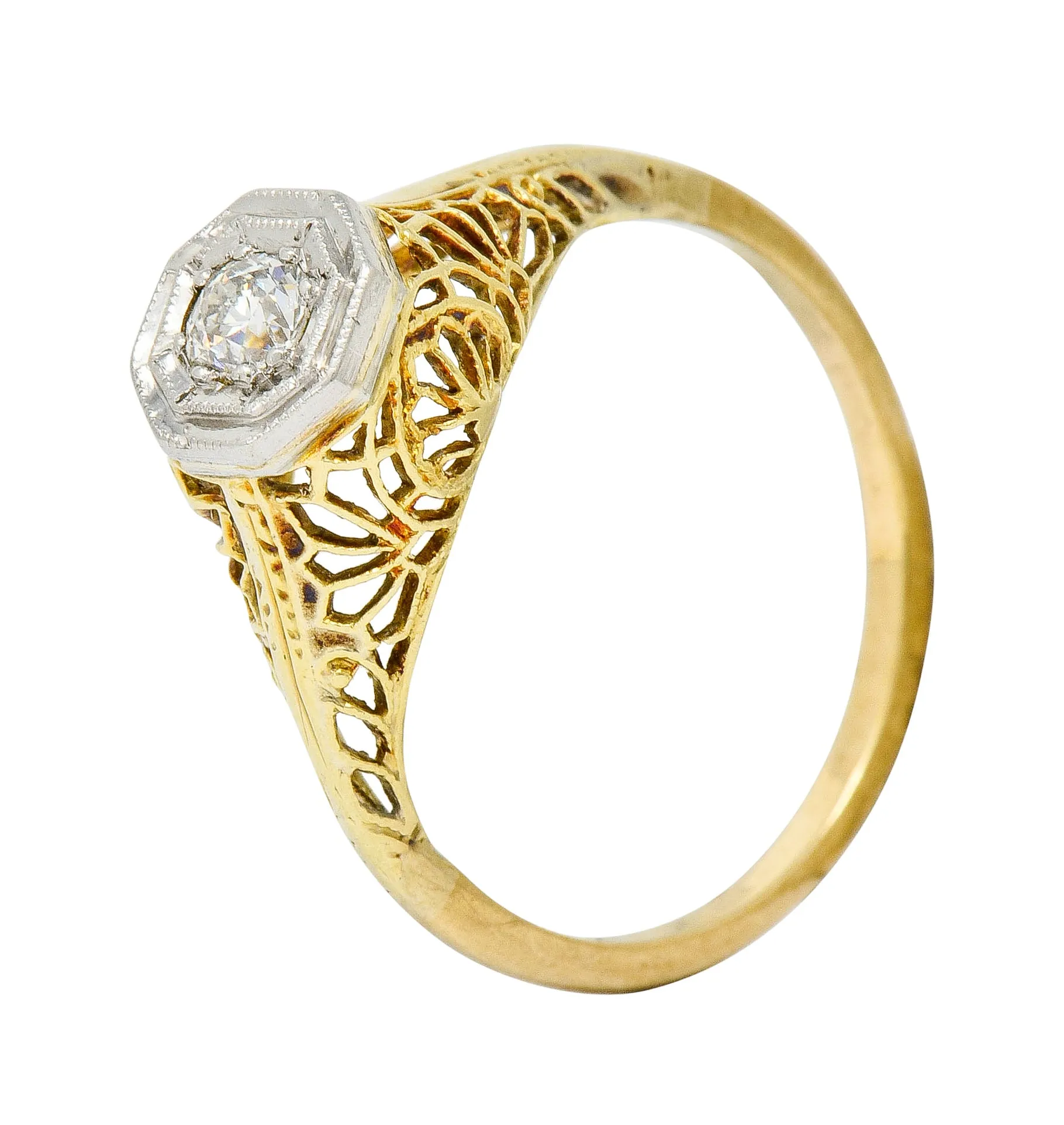 Edwardian Diamond Platinum-Topped 14 Karat Gold Floral Hexagonal Engagement Ring