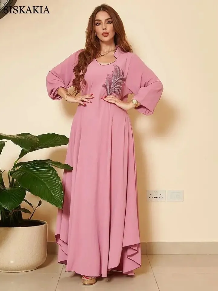 Elegant Long Maxi Dress Women Fashion Crew Neck Pleated Robe Appliques Asymmetric Hem Casual Loose Ladies Dresses Ramadan S44580