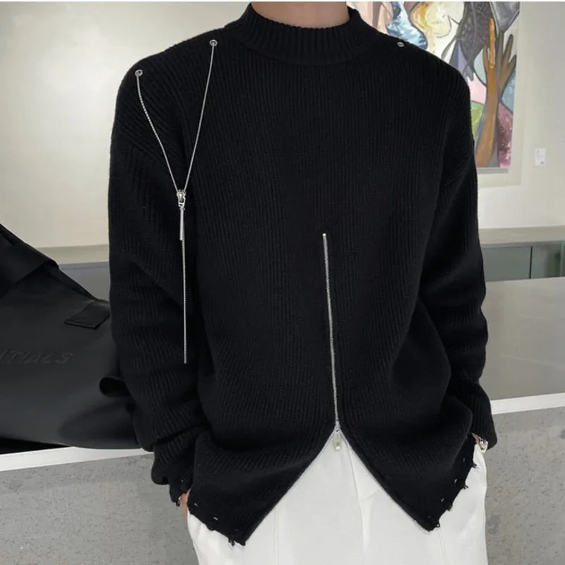 European Style Metal Chain Decoration Thick Needle Pulover Heren Sweater Fall Winter Black White